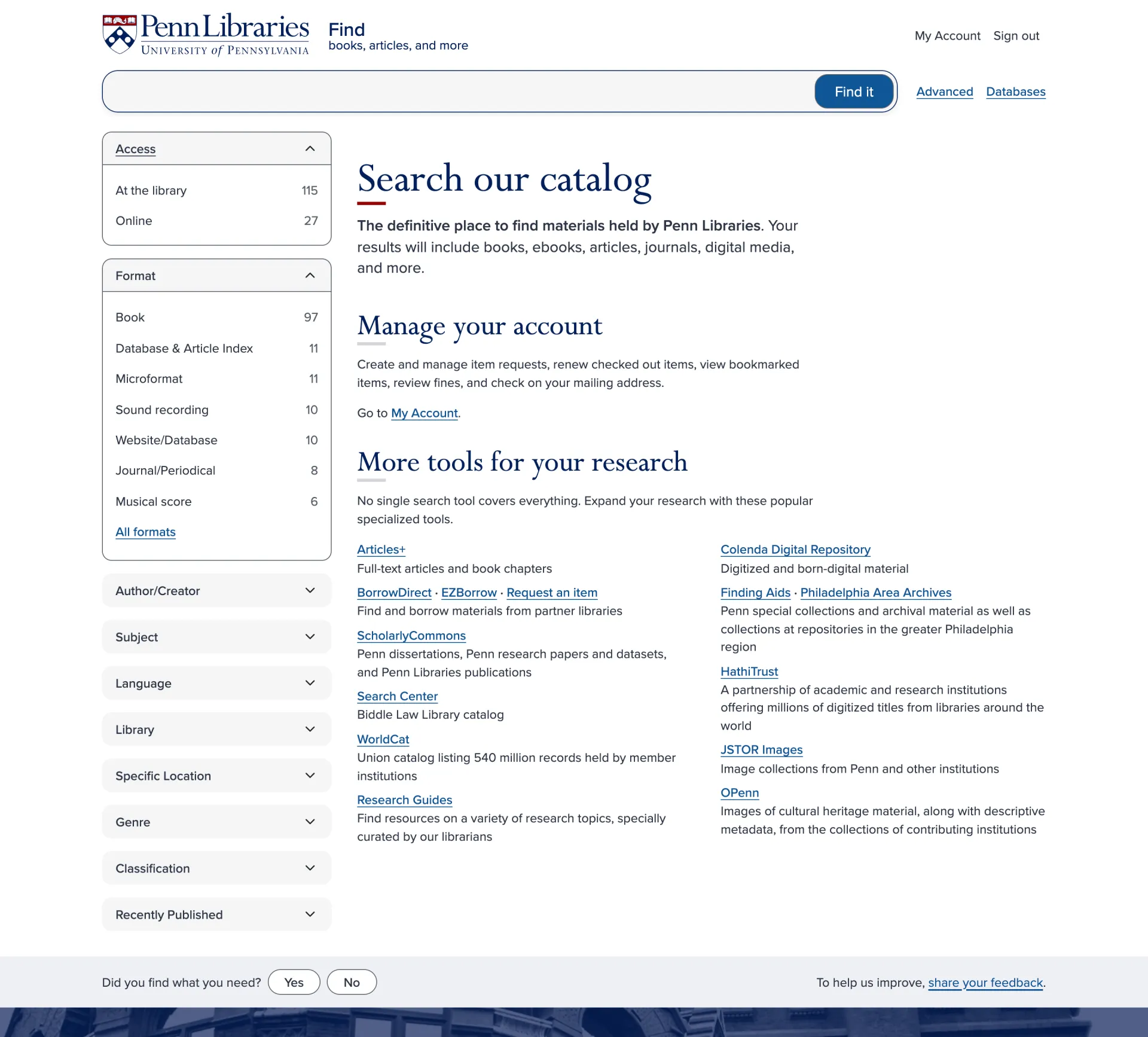 The updated Find home page, with content reorganized under the headings "Discover library materials," "Manage your account," and "More tools for your research."