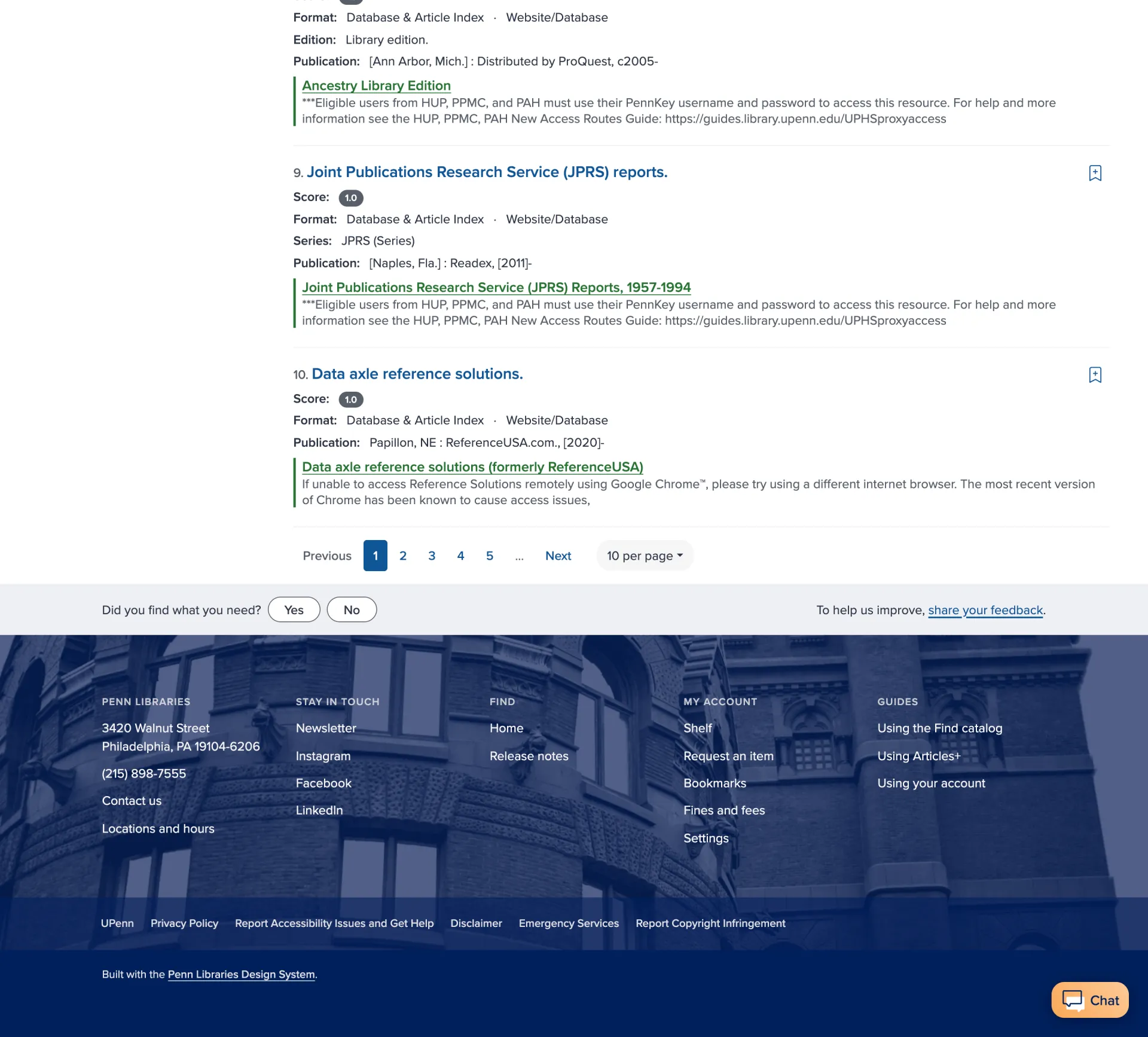 The bottom of the updated results page, showing pagination controls and result field labels like Format and Author/Creator.